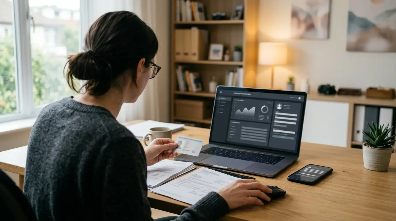 Person reviewing identity documents beside a phone and laptop with neutral account screens