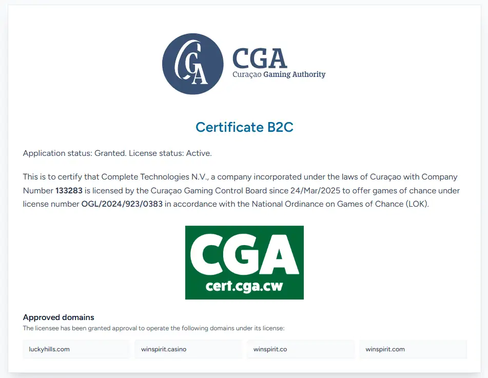 Curaçao Gaming Authority public licence record showing WinSpirit domain coverage