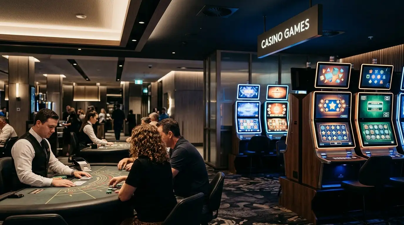 A modern live-dealer table beside abstract slot-game tiles on dark displays