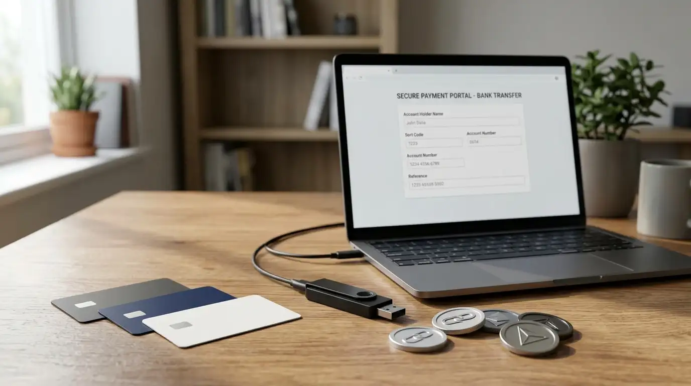 Payment cards, a bank transfer screen and cryptocurrency symbols arranged on a desk