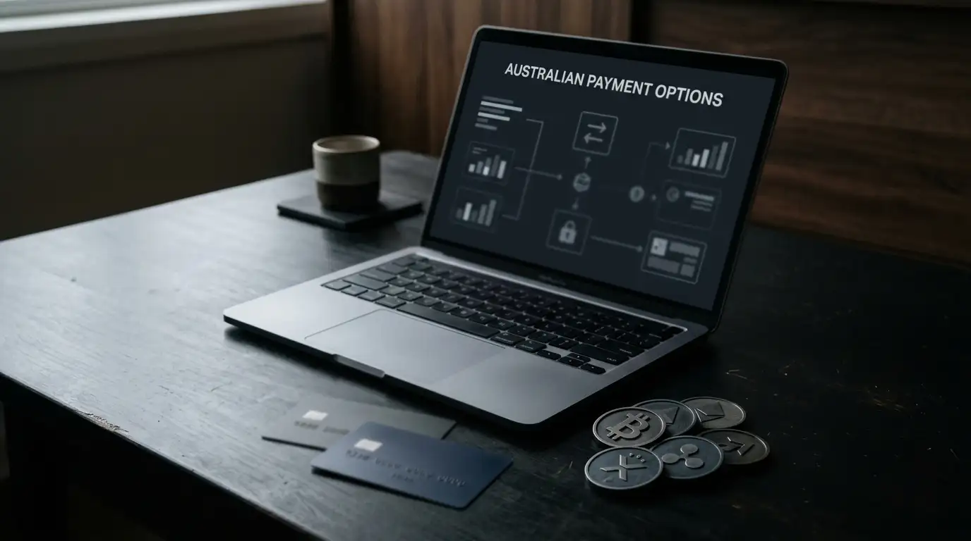 Payment cards, a bank transfer screen and crypto tokens arranged on a dark desk