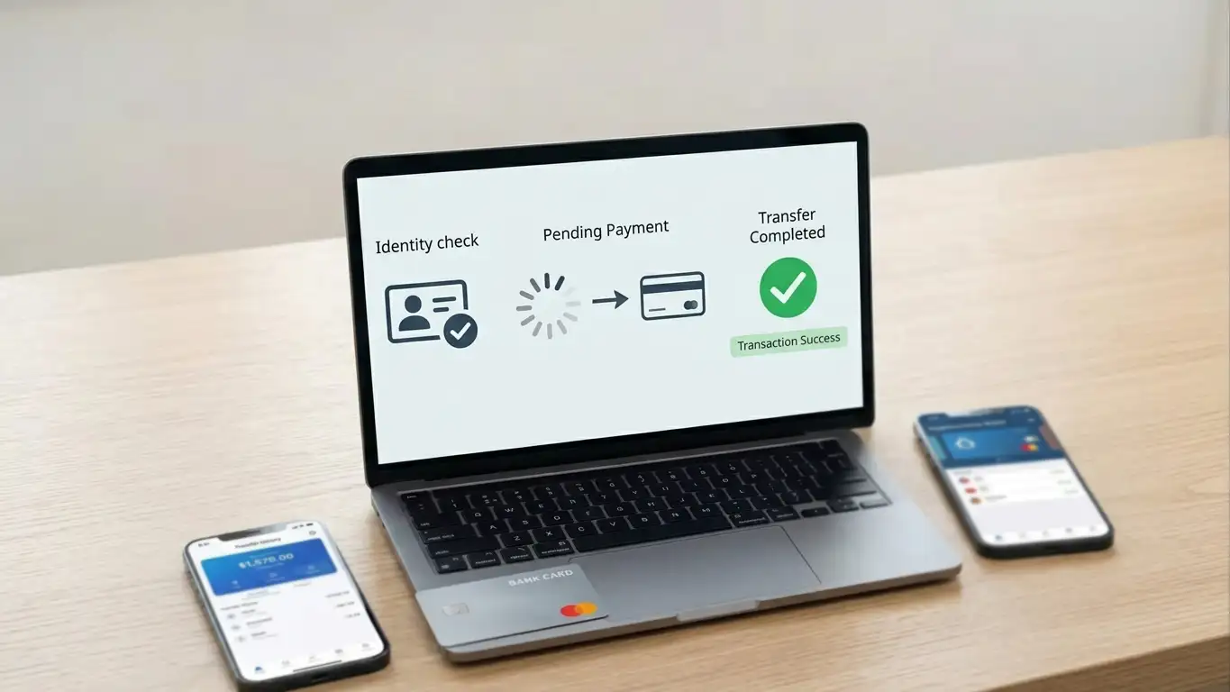 Laptop and phone beside a bank card and generic crypto wallet screen during a cashout review